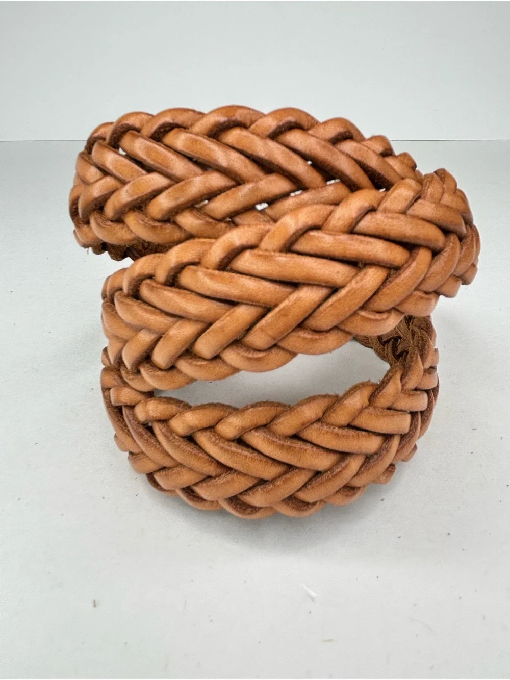 VTG Lands' End Tan Woven Braided Leather Belt Curved Brass Buckle size 32 Med